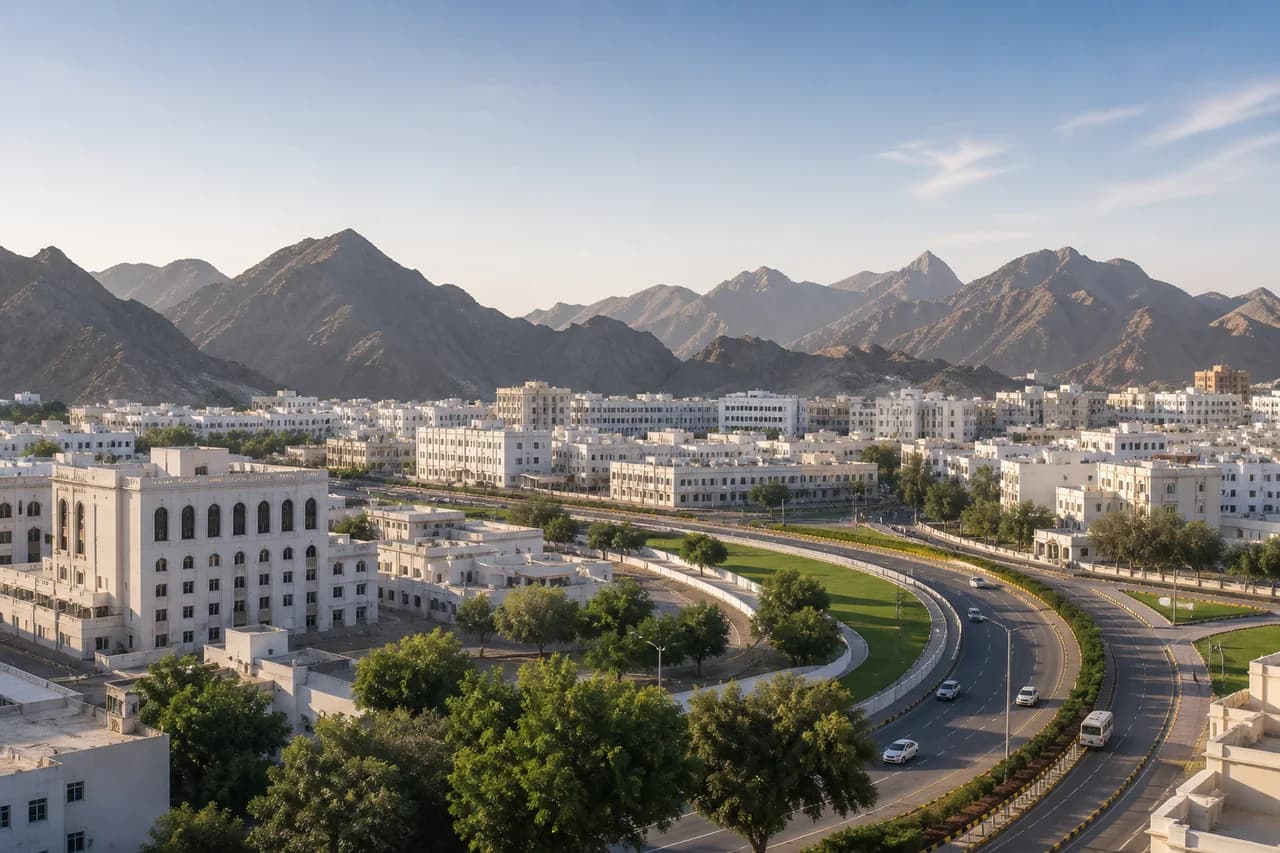 Muscat city and mountain landscape representing ExpertOps coverage in Oman