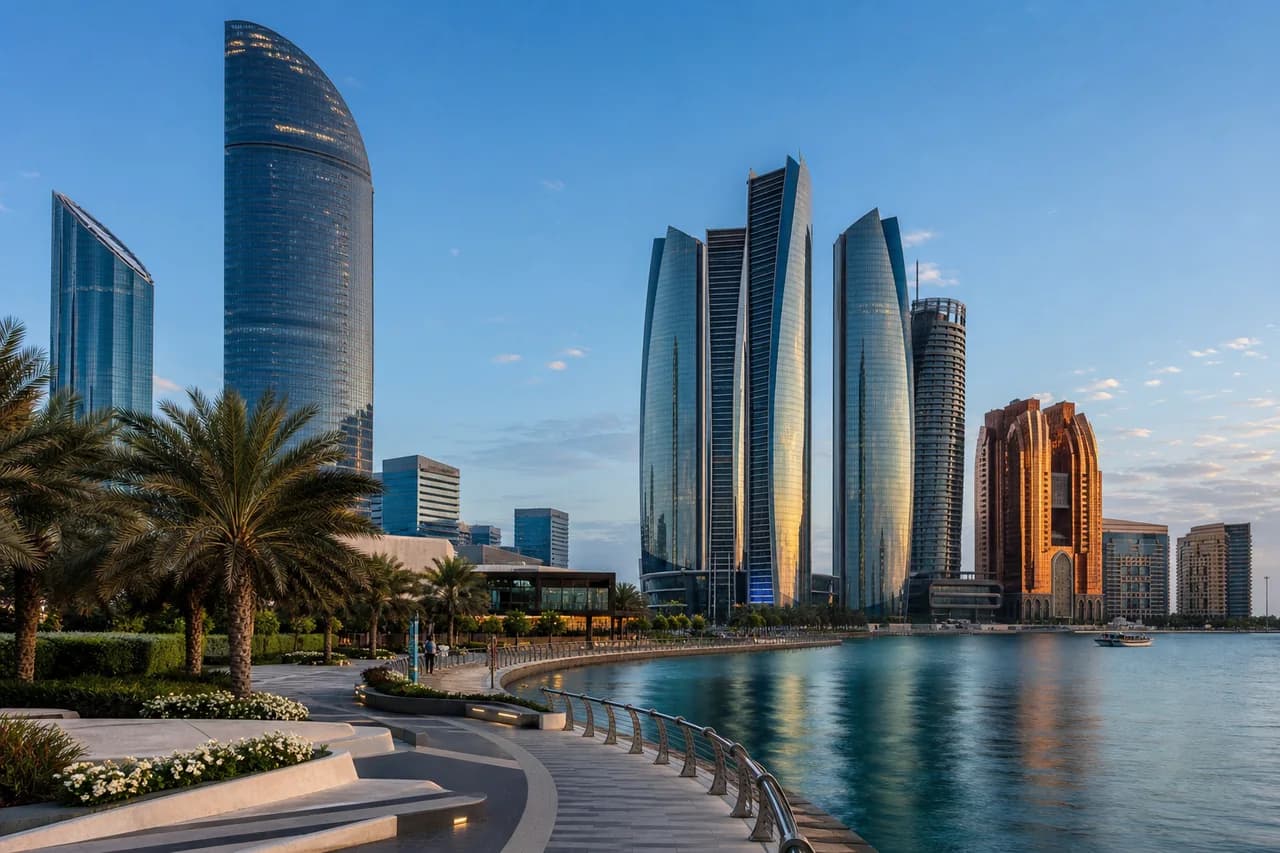 Abu Dhabi waterfront business district representing ExpertOps coverage in the United Arab Emirates