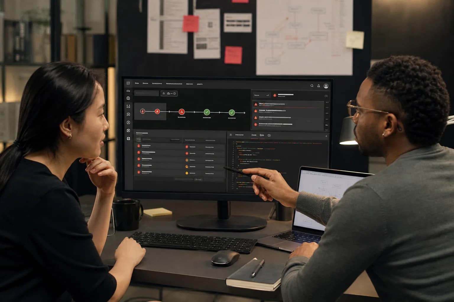 DevSecOps engineers reviewing pipeline security gates and release evidence